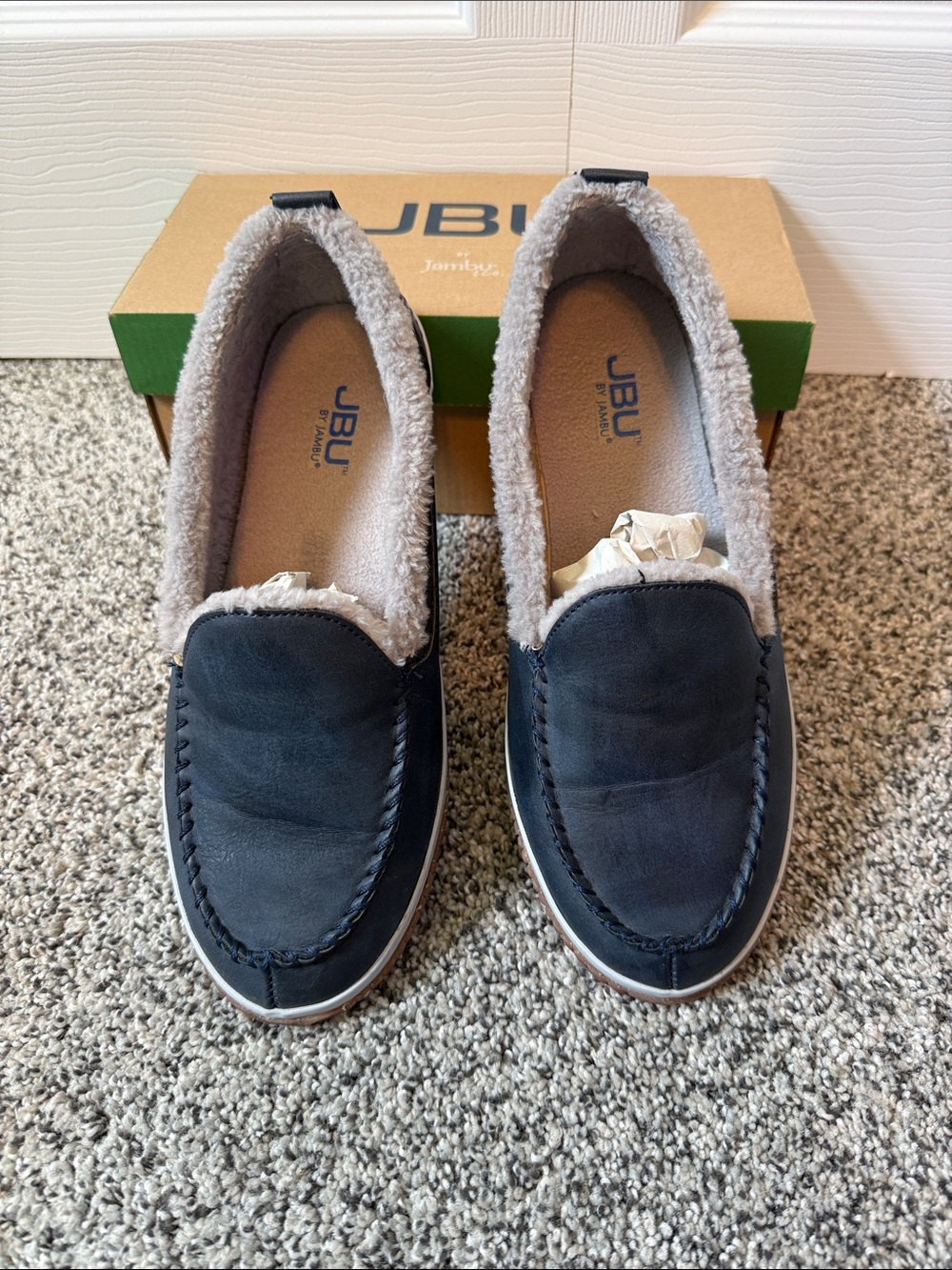 JBU Navy Faux-Fur Lined Slip-On Moccasins